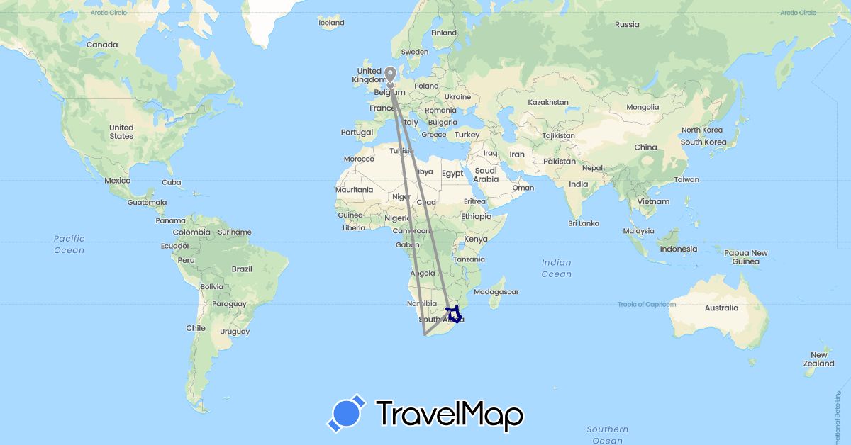 TravelMap itinerary: driving, plane in Netherlands, Swaziland, South Africa (Africa, Europe)